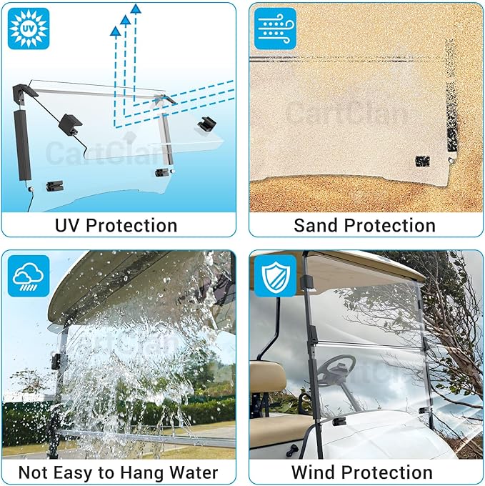 EZGO TXT Windshield, EZGO Windshield for Golf Cart Suitable for 1995-2013 EZGO TXT Model, PC UV Resistant, Foldable Golf Cart Windshield Replacement with Windshield Clips