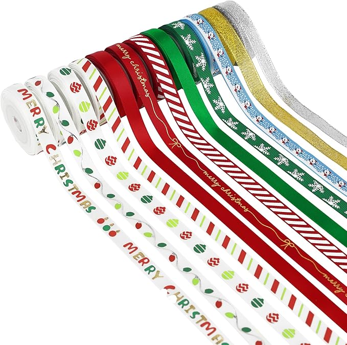 MEEDEE Christmas Ribbon 3/8 inch Thin Holiday Ribbon Set in Red, Xmas Wreath by MEEDEE