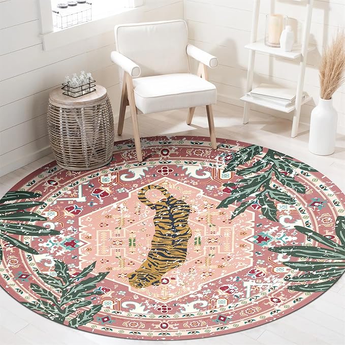 Washable Pink Rugs Thin Oriental Boho Vintage Cute Tropical Leopard 4ft Round - Image 3