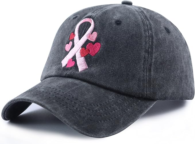 Fight Breast Cancer Hats for Women, Cotton Embroidered Pink Ribbon Little Heart Baseball Cap