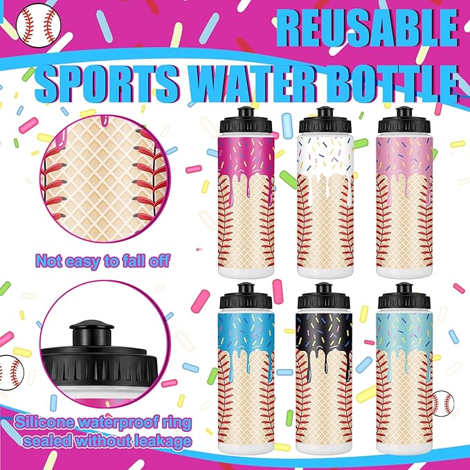 12 Pcs Baseball Drip Ice Cream Water Bottle Bulk Birthday Party Reusable Sports Bottle 20 oz Baseball Accessories Gifts School Sports