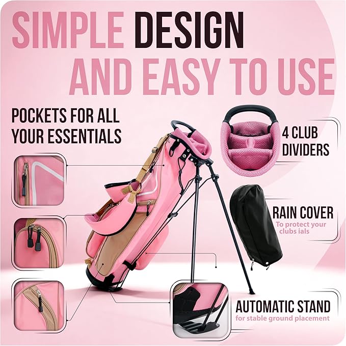 Ultra-Lite Golf Stand Bag - 3 Lbs, 4 Way Divider Portable Golf Club Carry Bag, Water-Repellent Golf Travel Case with Rain Hood, Golf Gifts for Men and Women
