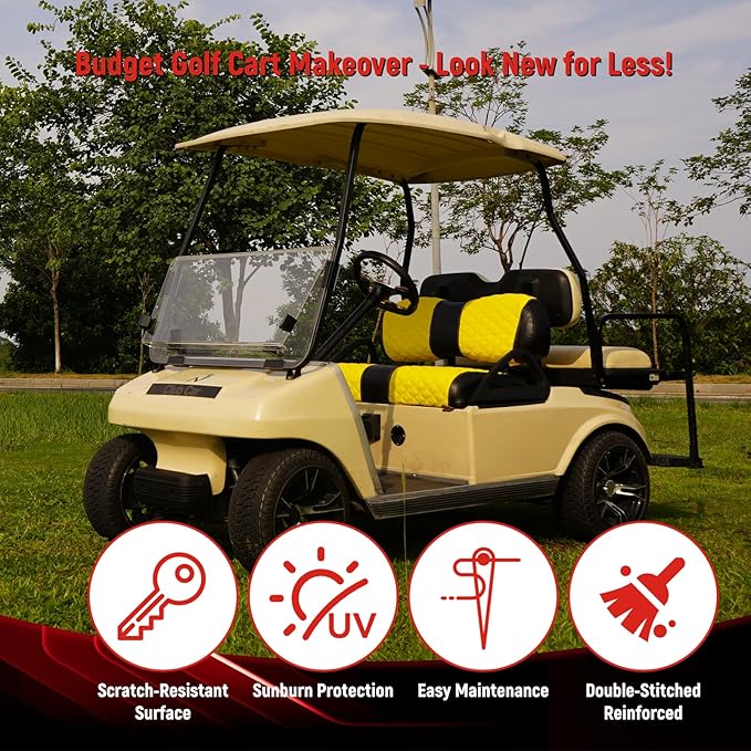 Golf Cart Seat Covers Front and Rear Waterproof and Sun Resistant Marine Grade Vinyl Leather Seat Cover Accessories for Club Car DS 2000.5-up, Yellow(4PCS)