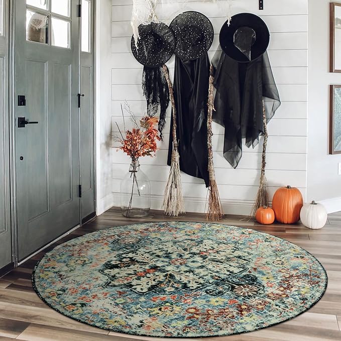Lahome Bohemian Floral Medallion Round Rug - 4Ft Entryway Round Area Rug Soft - Image 3