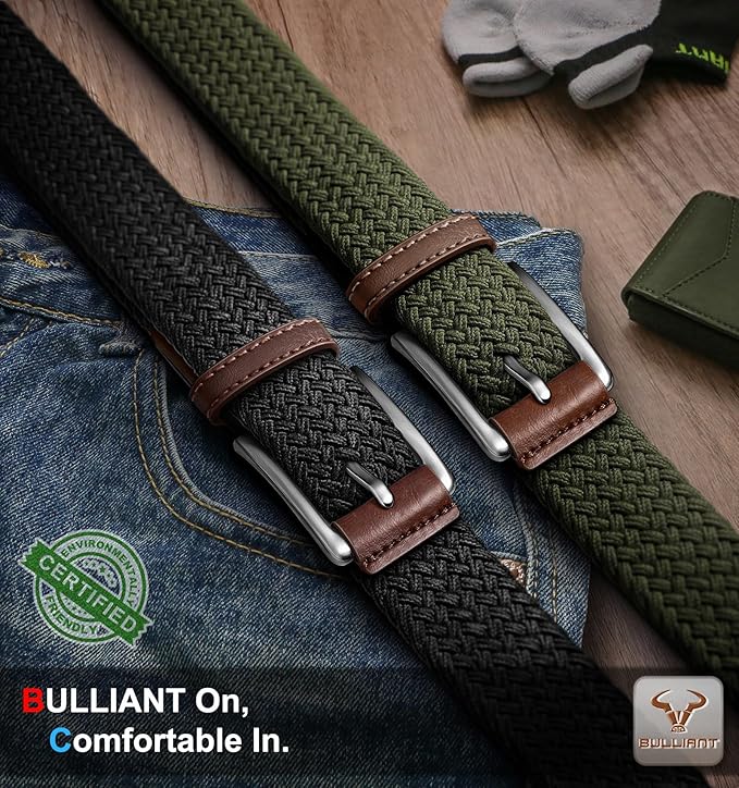 BULLIANT Belt for Men 2Pack,Mens Gift Stretch Braided Web Belt Elastic for Casual Golf Jeans,1 3/8"