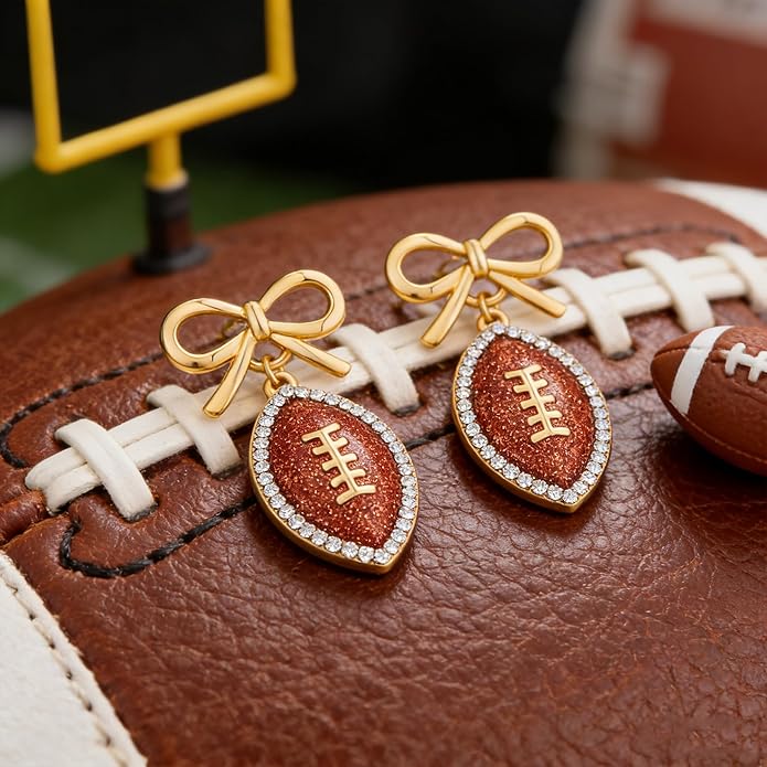 Rhinestone Bow Football Stud Earrings, Sparkly Sports Themed Dangle Earrings for Women, Cute Game Day Jewelry Gift