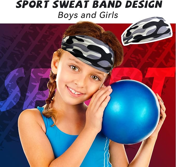 ChezMax 6 PCS Sweatbands for Kids, Soccer Headbands Boys Sports Kids Sweatbands, Breathable Sweat Wicking Headband, Baseball Youth, Black, White, Gray, Blue, Red and Camouflage,(FD01-Kids)