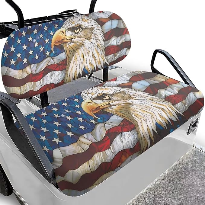 Bulopur Bald Eagle American Flag Golf Cart Seat Covers 2 Pack Fit for EZGO TXT RXV/Club Car DS Precedent Golf Cart Bench Cover and Backrest Cover Set Patriotic Golfcart Accessories