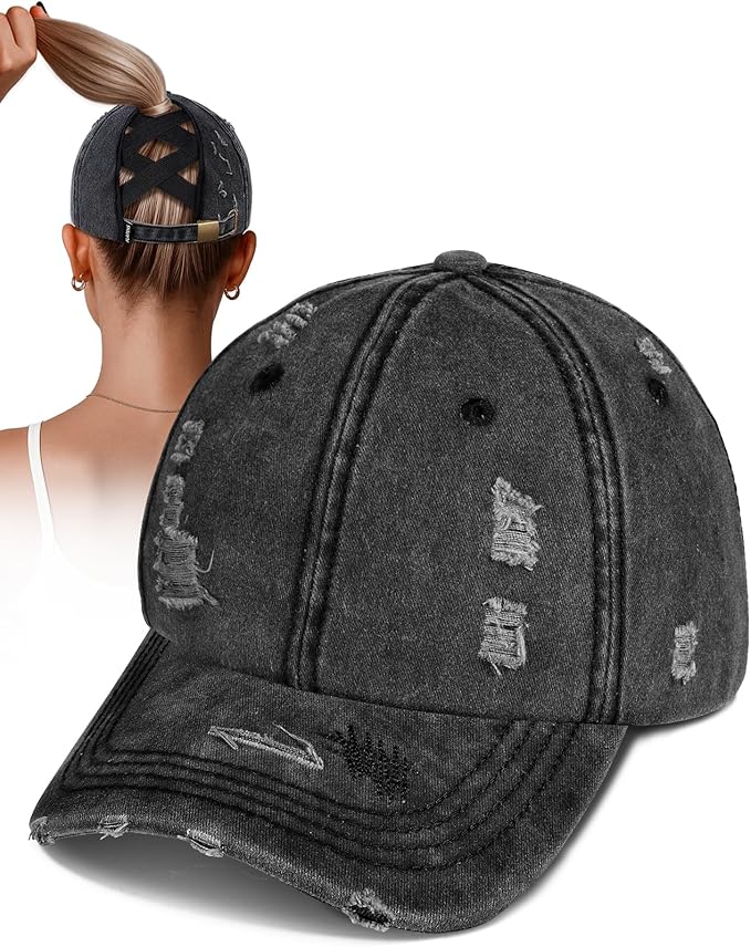 Flafens Women Pony Hats High Ponytail Baseball Caps - Cotton Vintage Washed Distressed Adjustable Criss Cross Trucker Hat