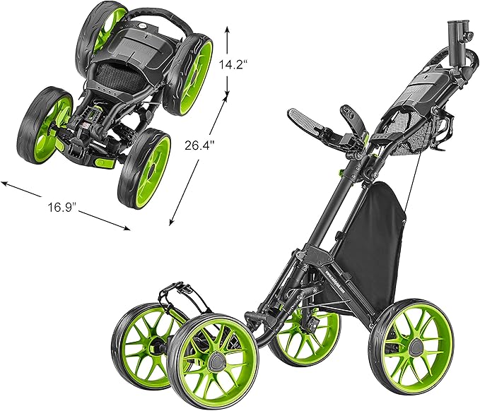 CaddyTek 4 Wheel Golf Push Cart - Caddycruiser One Version 8 1-Click Folding Trolley - Lightweight, Compact Pull Caddy Cart, Easy to Open
