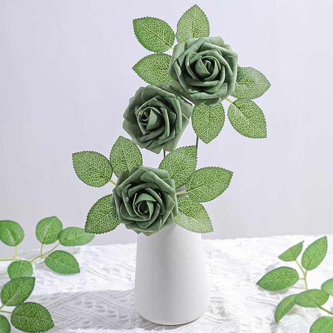 AmyHomie Artificial Flowers Green Rose 25pcs Real Looking Fake Roses w/Stem - Image 6