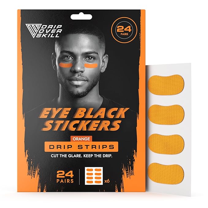 DRIP Strips Pro-Grade Eye Black Stickers, 24 Pairs, Natural Flex & Stretch Eye Black Face Strips, Breathable, Sweat-Proof, Eye Black Baseball, Softball, Football, Lacrosse, Orange Blaze OG Strips