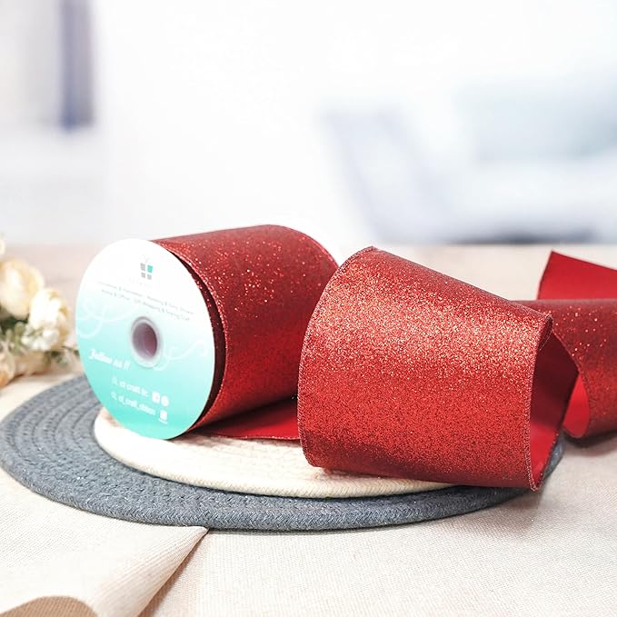 CT CRAFT LLC Glitter Wired Ribbon 4" x 10 Yards Red - Image 4