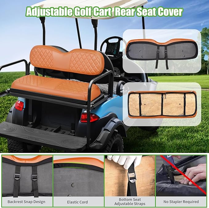 10L0L Golf Cart Seat Covers for Club Car Precedent,EZGO TXT Front/Rear Seats Diamond Pattern,Vinyl Leather with Adjustable Straps and Retractable Buckle, No Stapler Needed