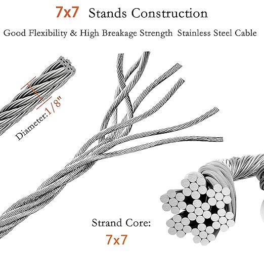 1/8 Inch Stainless Steel Wire Rope Cable Kit, 100 ft Length 1/8“ Wire Cable 7x7 - Image 2