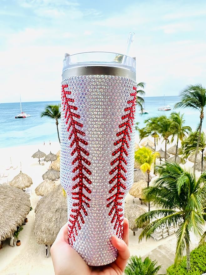 40 Oz Rhinestone Bling Tumbler Cup with Handle and Straw (BASEBALL), Stainless Steel and Double Wall Insulated