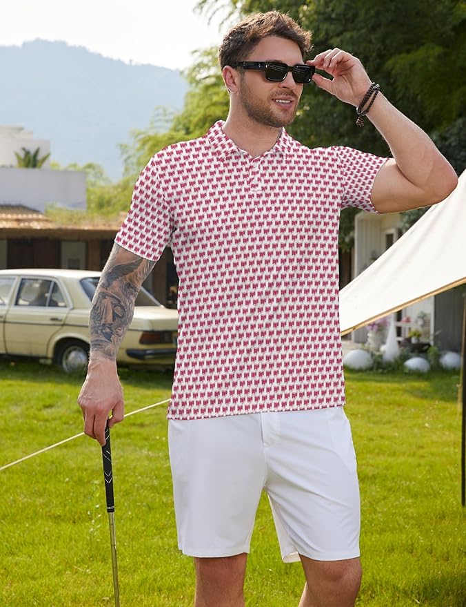 HUURAY Funny Golf Polos for Men Funny Print Short Sleeve Shirts Quick Dry Polo Shirts Hawaiian Shirt Performance Golf Outfits