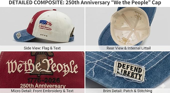 USA 250th Anniversary Hat, Adjustable 250th Anniversary Printed Patriotic Baseball Caps, Tribute Retro Washed Hat