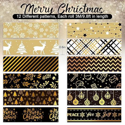 Whaline 12 Rolls Christmas Washi Tape Black Gold Xmas Washi Masking Tape Foil - Image 2