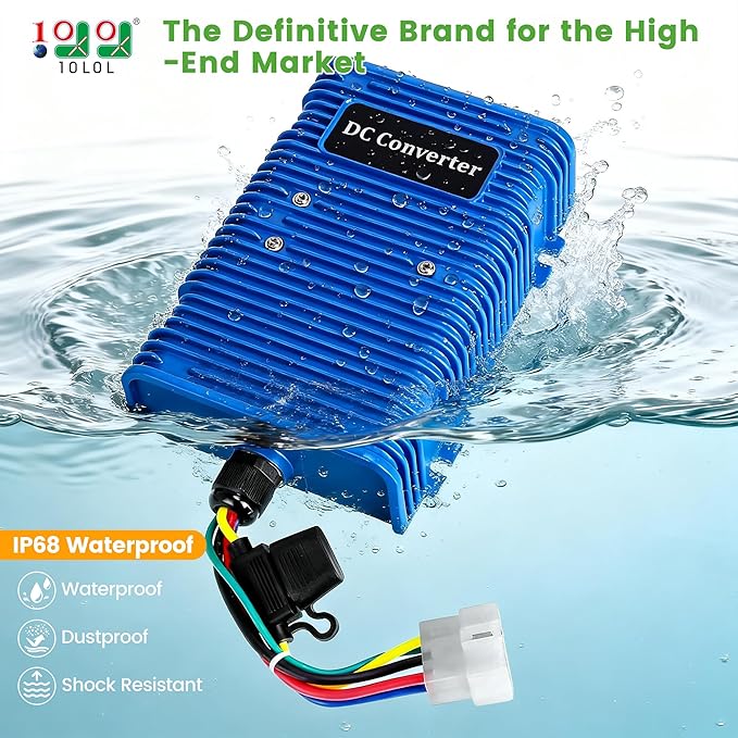 Universal Golf Cart Voltage Reducer DC Converter 36V or 48V to 12V 30 A 360W for EZGO Club Car Yamaha Golf Carts, with Power Cables