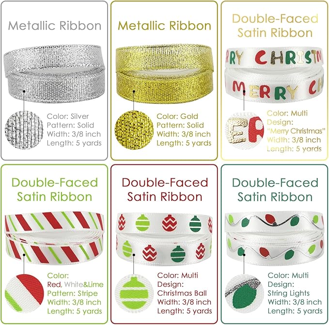 MEEDEE Christmas Ribbon 3/8 inch Thin Holiday Ribbon Set in Red, Xmas Wreath - Image 5