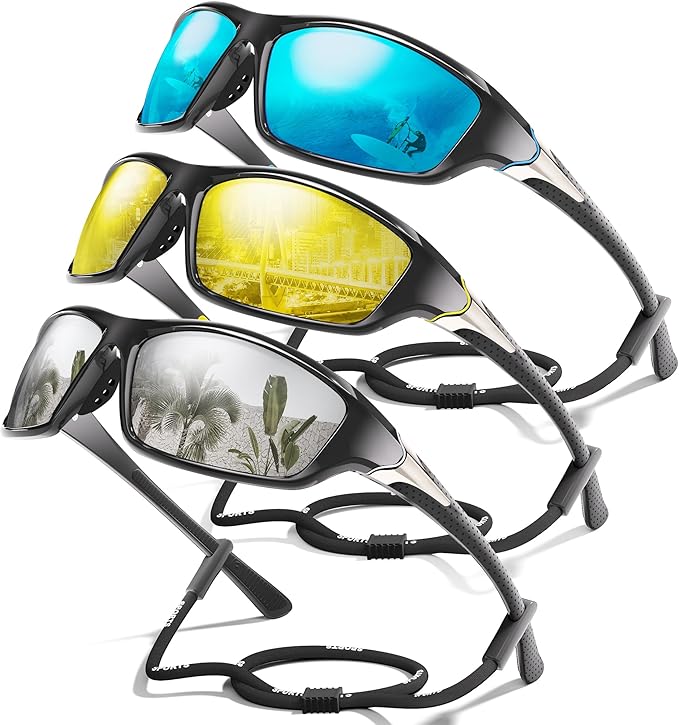3 Pack Polarized Sports Sunglasses for Men, Mens Sunglasses Wrap Around UV Protection for Cycling Fishing Driving
