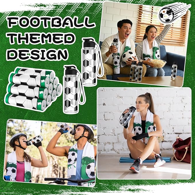 Reallnaive 24 Pcs Sports Water Bottle Cooling Towel Set Include 12 Reusable Sports Squeeze Water Bottle 12 Ice Towel Breathable 40"x12" Cooling Towels for Soccer Team Gift (Soccer)