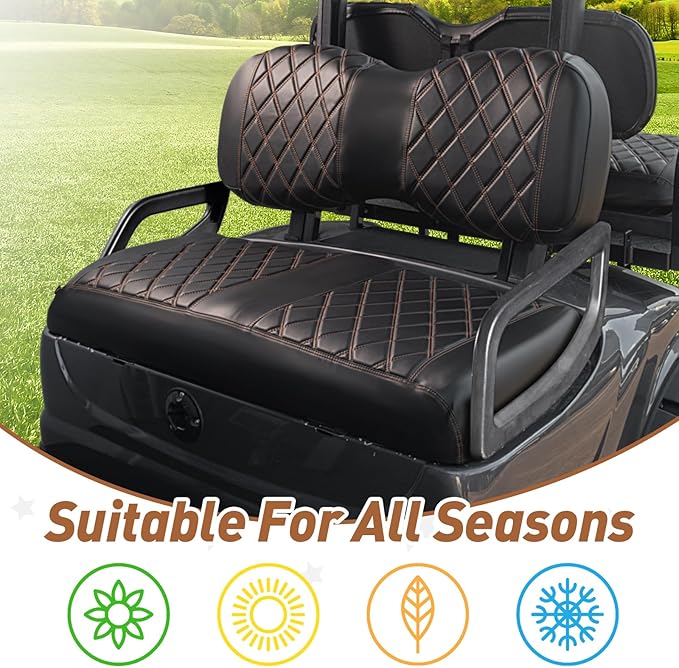 NOKINS Golf Cart Diamond Seat Covers Kit, Fit for Yamaha Drive/Drive 2 OEM Standard Front Seat Cushion, Golf Cart Vinyl Seat Cover, No Nails Required (Black and Brown Stitching)