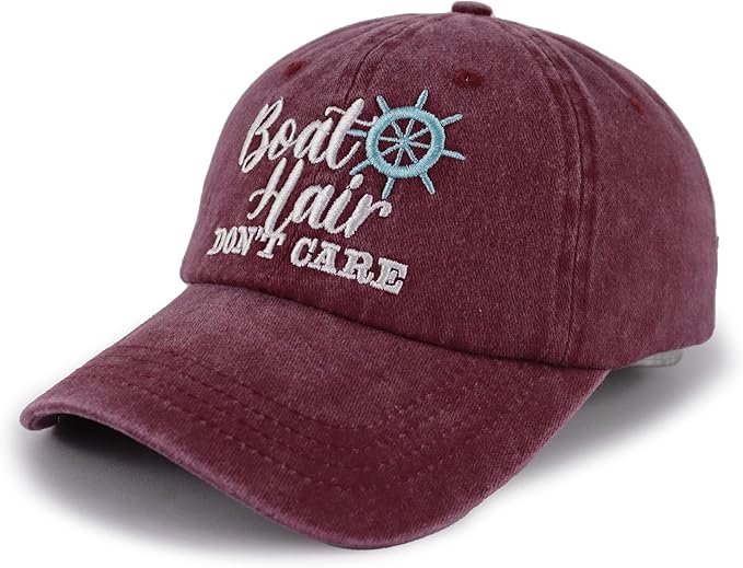 Boat Hair Don't Care Hats for Men Women, Adjustable Embroidered Cotton Washed Distressed Denim Fishing Baseball Cap