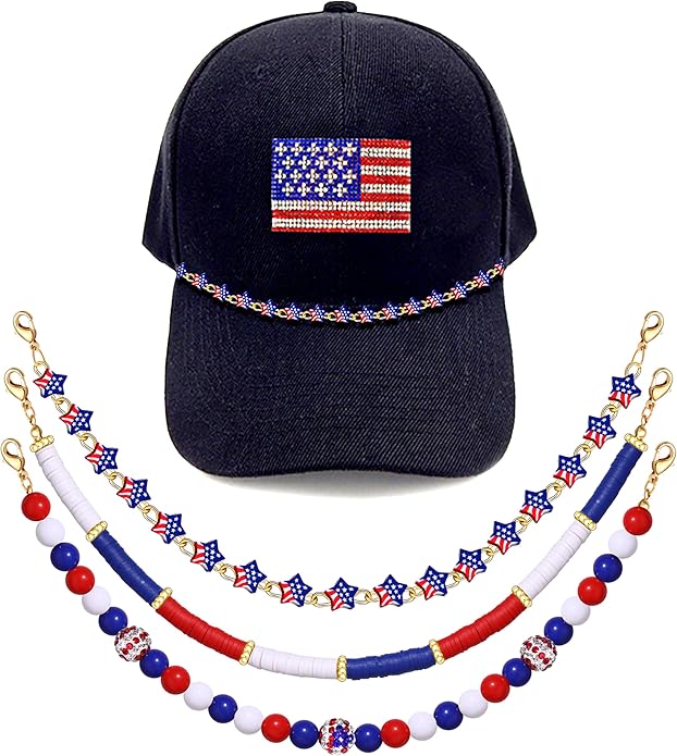 Trucker Hat Chain 4th of July Beaded Chain American Flag Patriotic Stars Hat Bill Chain Fourth of July Hat Accessories for Baseball Cap Independence Day Party Supplies, Red White Blue