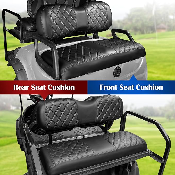 NOKINS 4PCS Golf Cart Diamond Seat Covers Kit,Front and Rear Seat Covers for Club Car Precedent/EZGO TXT/Yamaha Original Regular Seat Cushion (Black&Black Stitching, Fit Yamaha Drive/Drive 2)