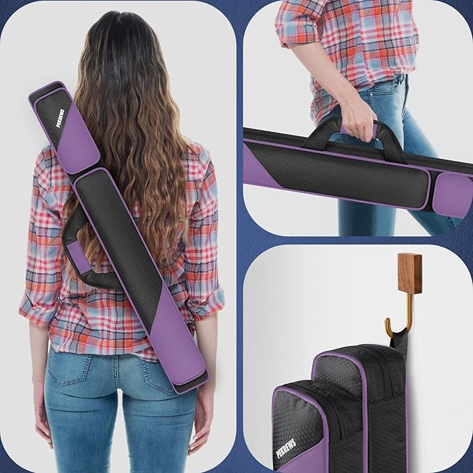 PEKREWS Pool Cue Case, Pool Stick Case 2x2 Holds 2 Sticks with 2 Accessory Zipper Pockets, Sturdy Polyester Pool Cue Carry Bag with Shoulder Strap Handle, Soft Billiard Cue Sling Bag for Men and Women