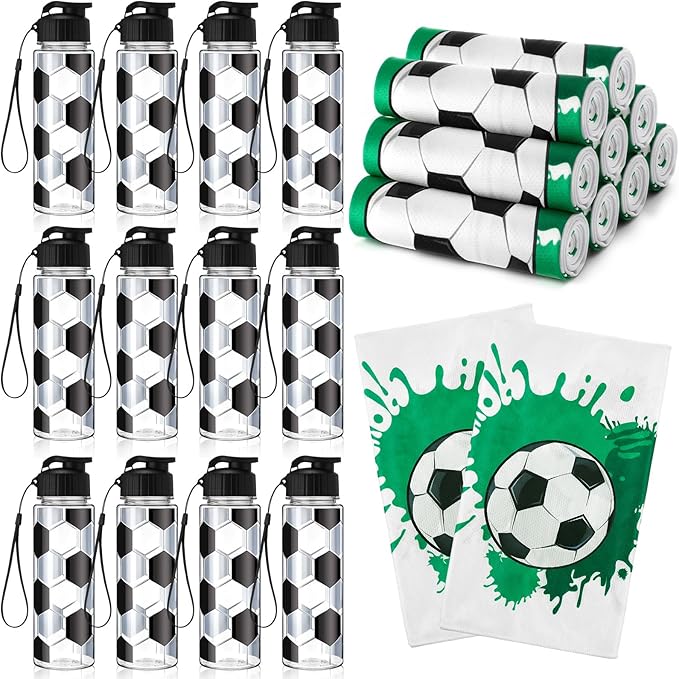 Reallnaive 24 Pcs Sports Water Bottle Cooling Towel Set Include 12 Reusable Sports Squeeze Water Bottle 12 Ice Towel Breathable 40"x12" Cooling Towels for Soccer Team Gift (Soccer)