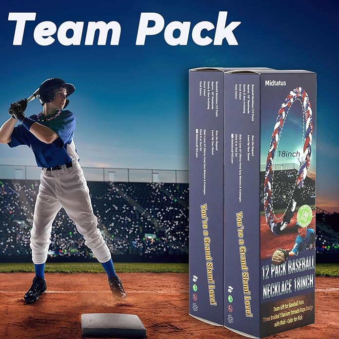 12 Pack Baseball Necklace 18inch, Team Gift for Baseball Funs, Three Braided Titanium Tornado Rope Design, with Muti - Color for Pick