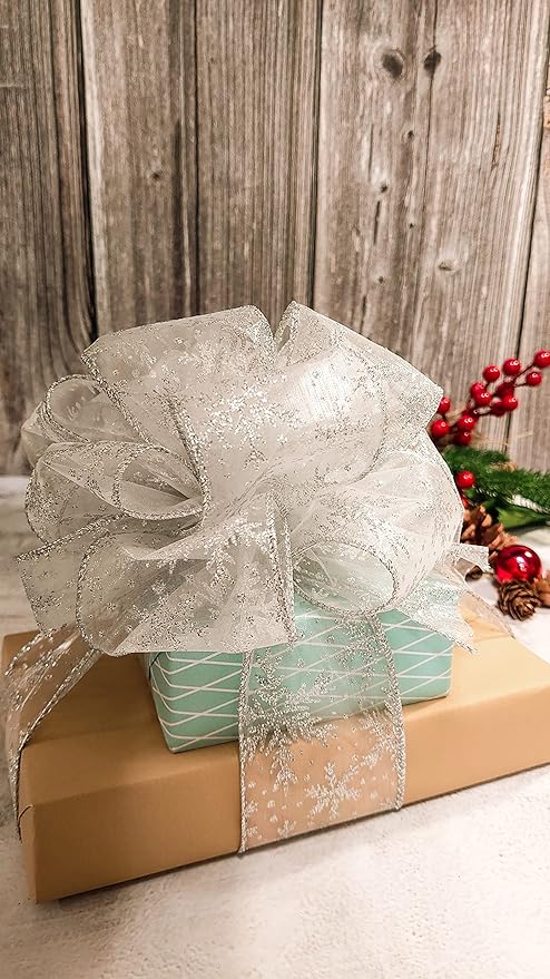 CT CRAFT LLC Organza with Silver Glitter Snowflakes Wired Ribbon 2.5 inch x 50 - Image 7
