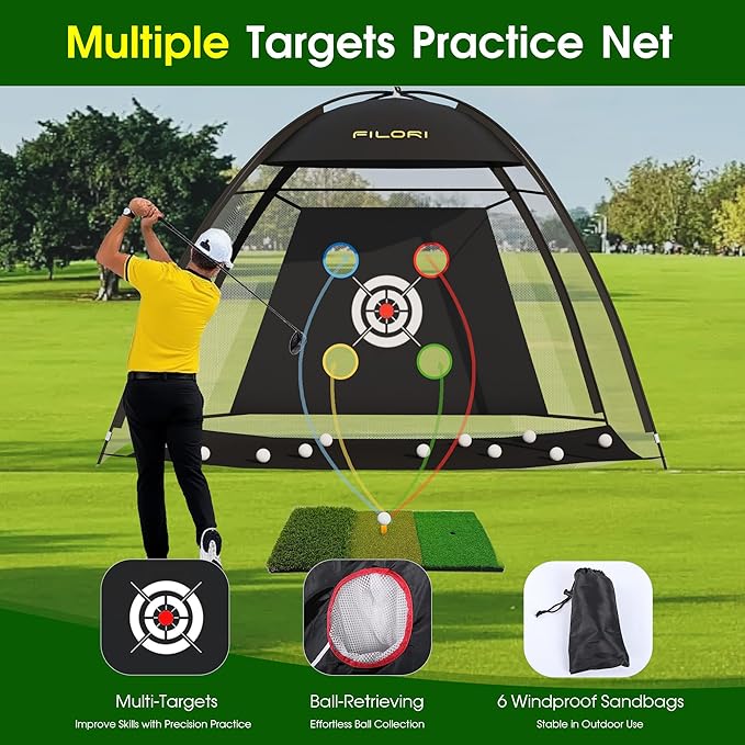 FILORI Golf Practice Net 10x7FT - Golf Hitting Net with Tri-Turf Mat, 8 Balls, Tee & Carry Bag, Indoor/Outdoor Backyard Training for Driving Chipping Swing, Ideal Gifts