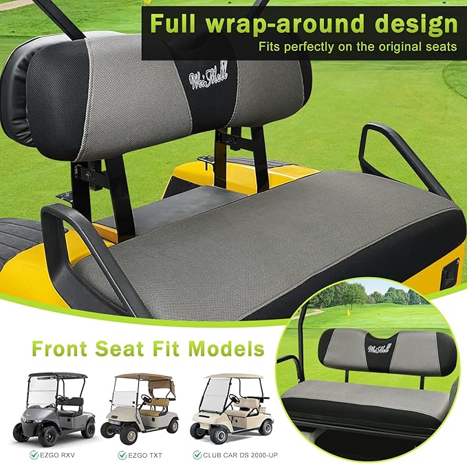 Golf Cart Seat Covers Front and Rear Set for EZGO TXT EZGO RXV Club Car DS After 2000 Front Seat Cover & Aftermarket Regular Back Seat Cushion Covers Black&Gray