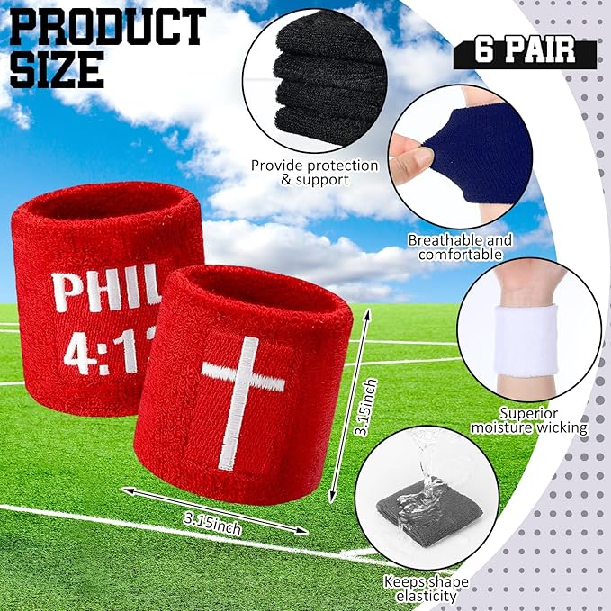 Misdary 6 Pair Cross Wristband Football Baseball Drip Baseball Football Accessories Faith Cross Sports Wristband Sweat Band Athletic Christian Faith for Sports Basketball Gym Workout