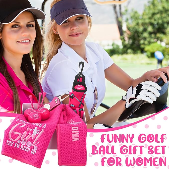 Realspring 18 Pcs Pink Golf Accessories Kit Gift for Women, Include 6 Pink Golf Balls, 6 Tees, 2 Towels, Ball Bag, Divot Tool, Gift Box