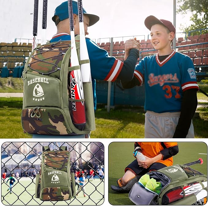 Baseball Bag for Youth & Adult with 4 Bat Sleeves - Softball Bat Bag with Shoe Compartment - Baseball Backpack for T-Ball, Softball Equipment, Baseball Gear, Baseball Bags for Boys 8-12