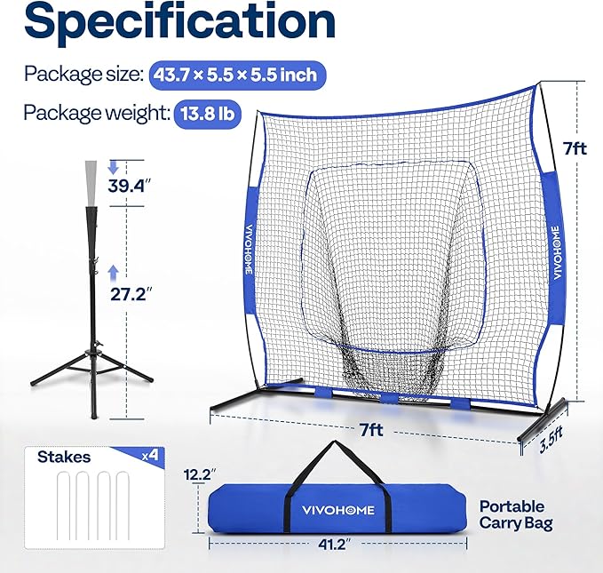 VIVOHOME Baseball Softball Batting Net - 7x7 Ft Baseball Backstop, Softball Practice Net for Hitting, Pitching, Throwing with Batting Tee and Carry Bag
