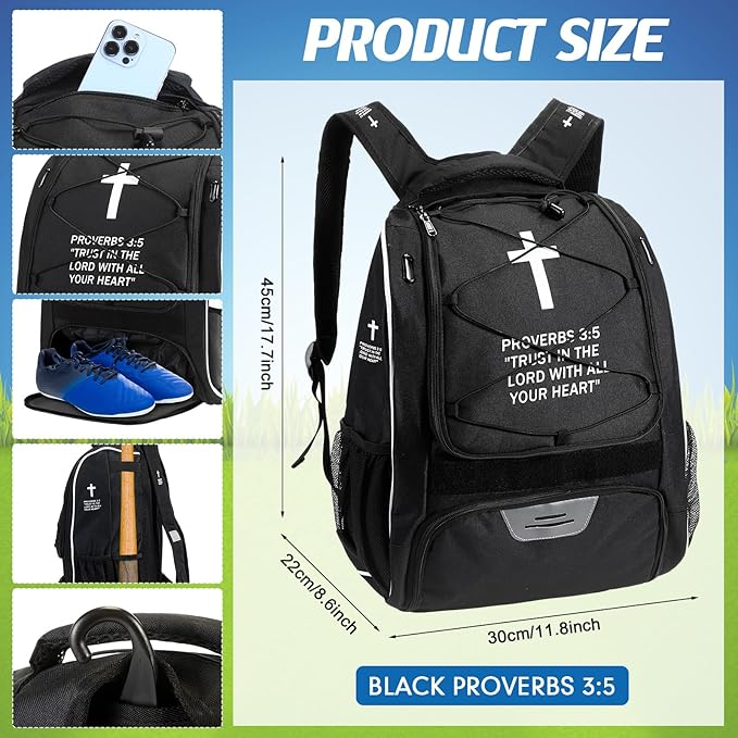 Christian Baseball Bag Cross Baseball Backpack for Youth Adult Religious T-Ball Softball Equipment Gear with Separate Shoes Compartment Fence Hook for Helmet & Accessories