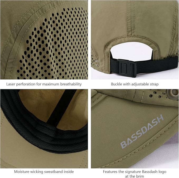 BASSDASH UPF 50+ Foldable Fishing Hat Baseball Cap with Removable Neck Flap Portable for Men Women Golf Hiking