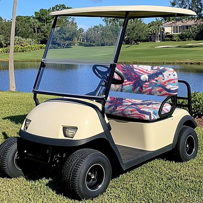 Yewatlles Seat Cover for Golf Cart Club Car Regular Cushion, No Stapler Required, Golf Cart Replacement Front Seat Cover Activity Reward Flag and Eagle