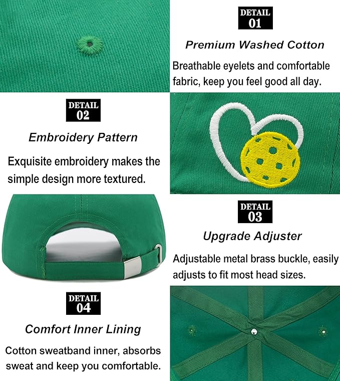 Pickleball Hat for Women Men, Adjustable Embroidered Heart Pickleball Baseball Cap