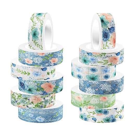 12 Rolls Floral Washi Tape, Vintage Blue Pink Floral Decorative Tapes by Unknown