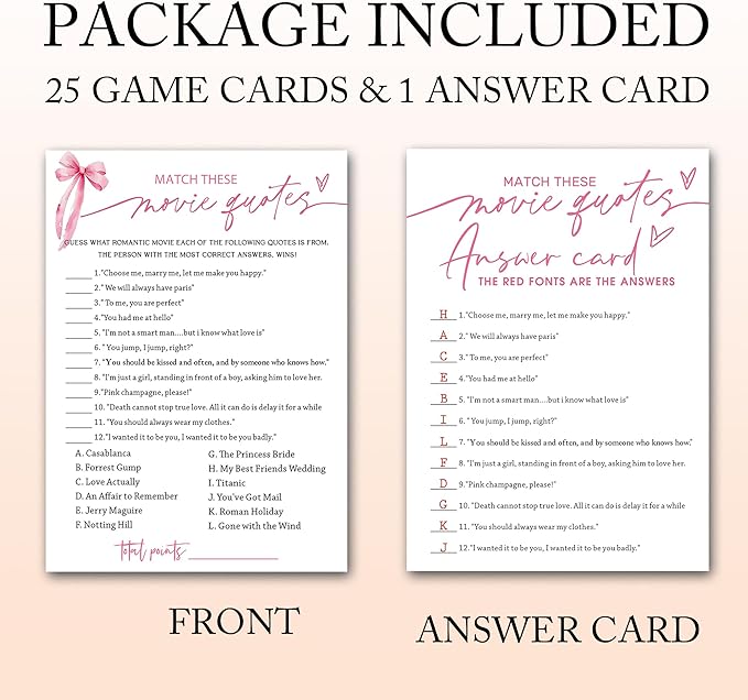 Bridal Shower Games Cards, Match These Movie Quotes, 25 Cards - Image 3