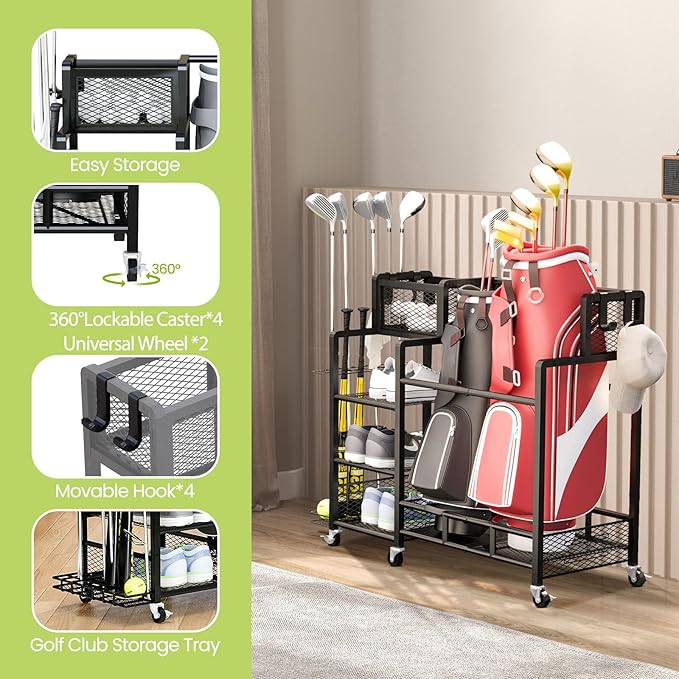 Recaceik Golf Storage Garage Organizer Large Size,Golf Bag Storage Stand and Other Golfing Accessories Rack, Metal with Wheels Golf Club Storage for Garage Shed and Basement (Black)