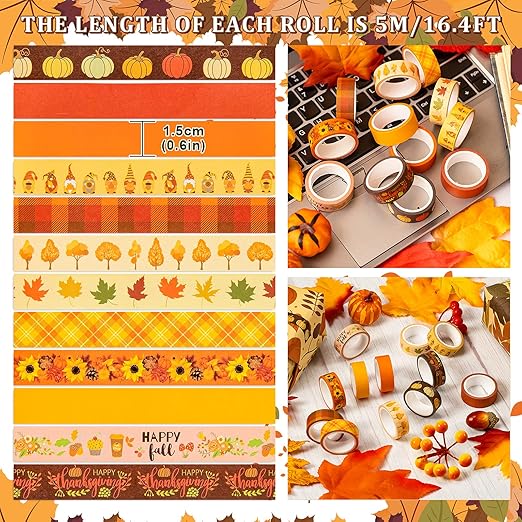 Whaline 12 Rolls Fall Washi Tape Thanksgiving Autumn Maple Leaves Pumpkin Gnome - Image 2