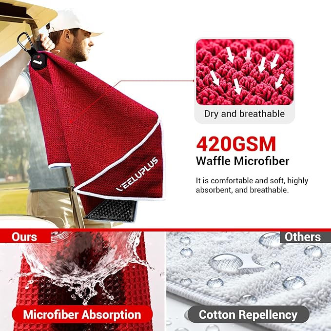 4-in-1 Magnetic Golf Towel with Golf Brush & Cleaning Pocket -3 Stage Cleaning System - Super Strong Golf Club Cleaner- Microfiber Waffle-15.7" X 23.6" Golf Accessories and Gifts for Men Women (RED)